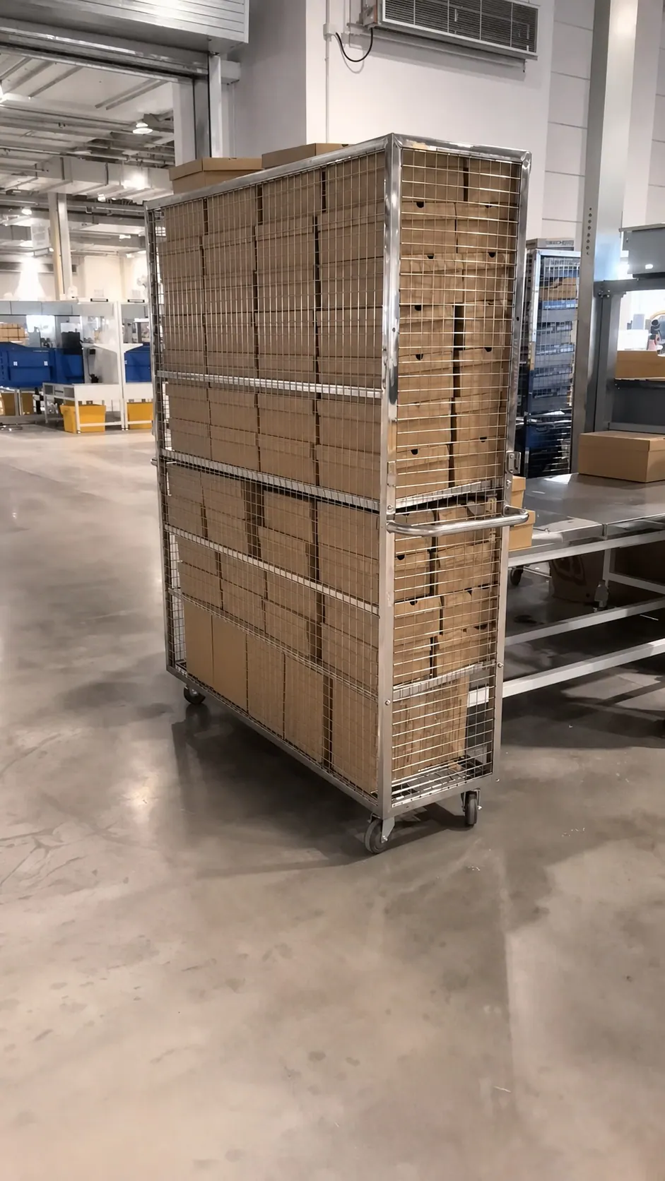 De-identified material-handling cage loaded with unbranded cartons