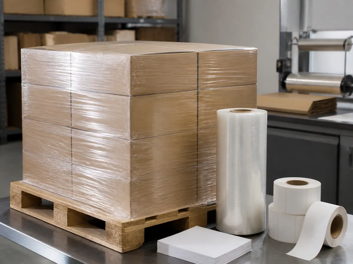 Illustrative packaging sourcing category with palletized cartons, stretch film and blank labels