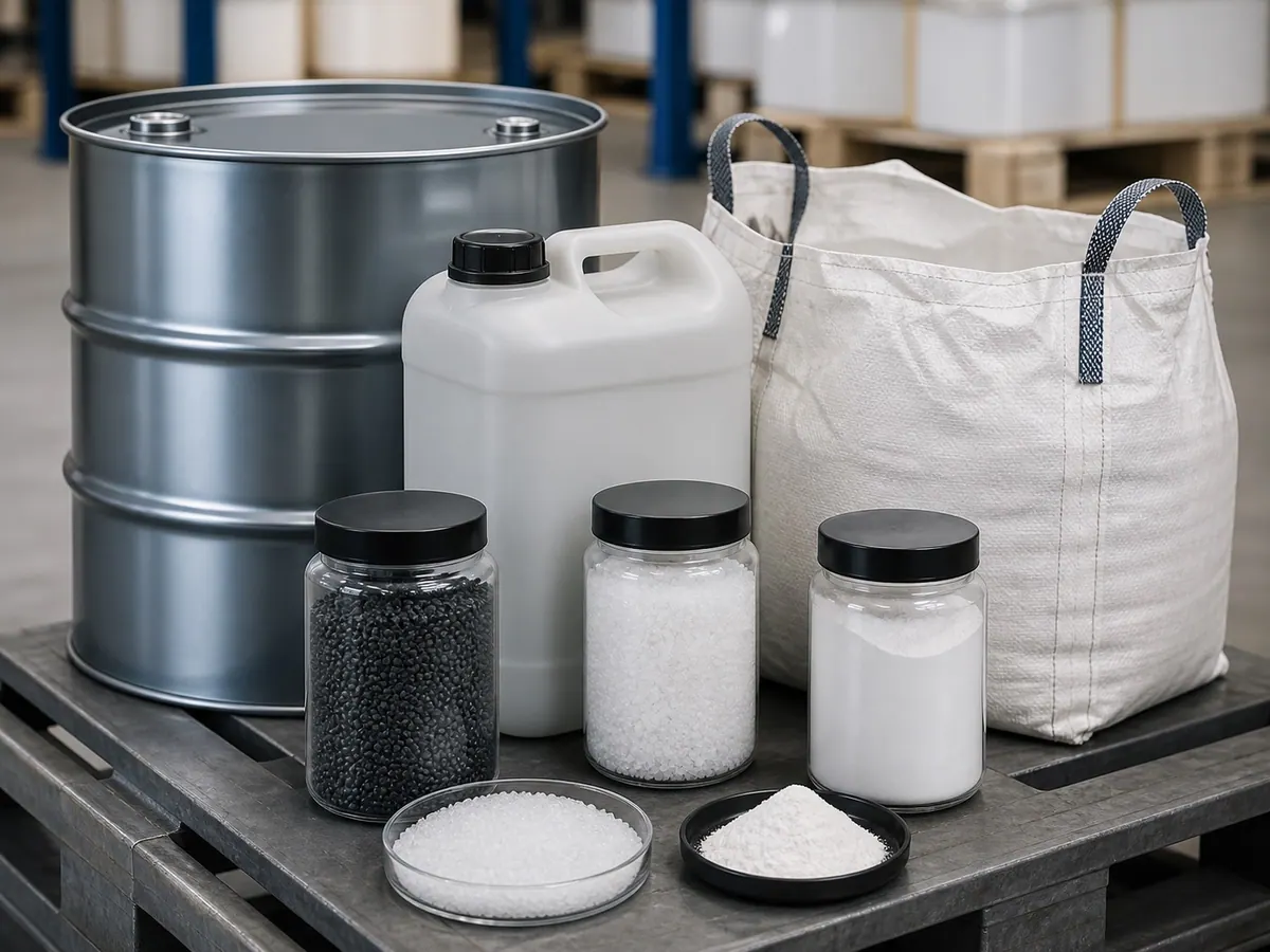 Illustrative industrial materials sourcing category with polymer samples and unbranded containers