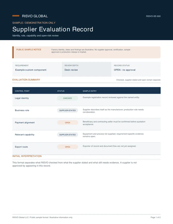 Cover of the Supplier Evaluation Record